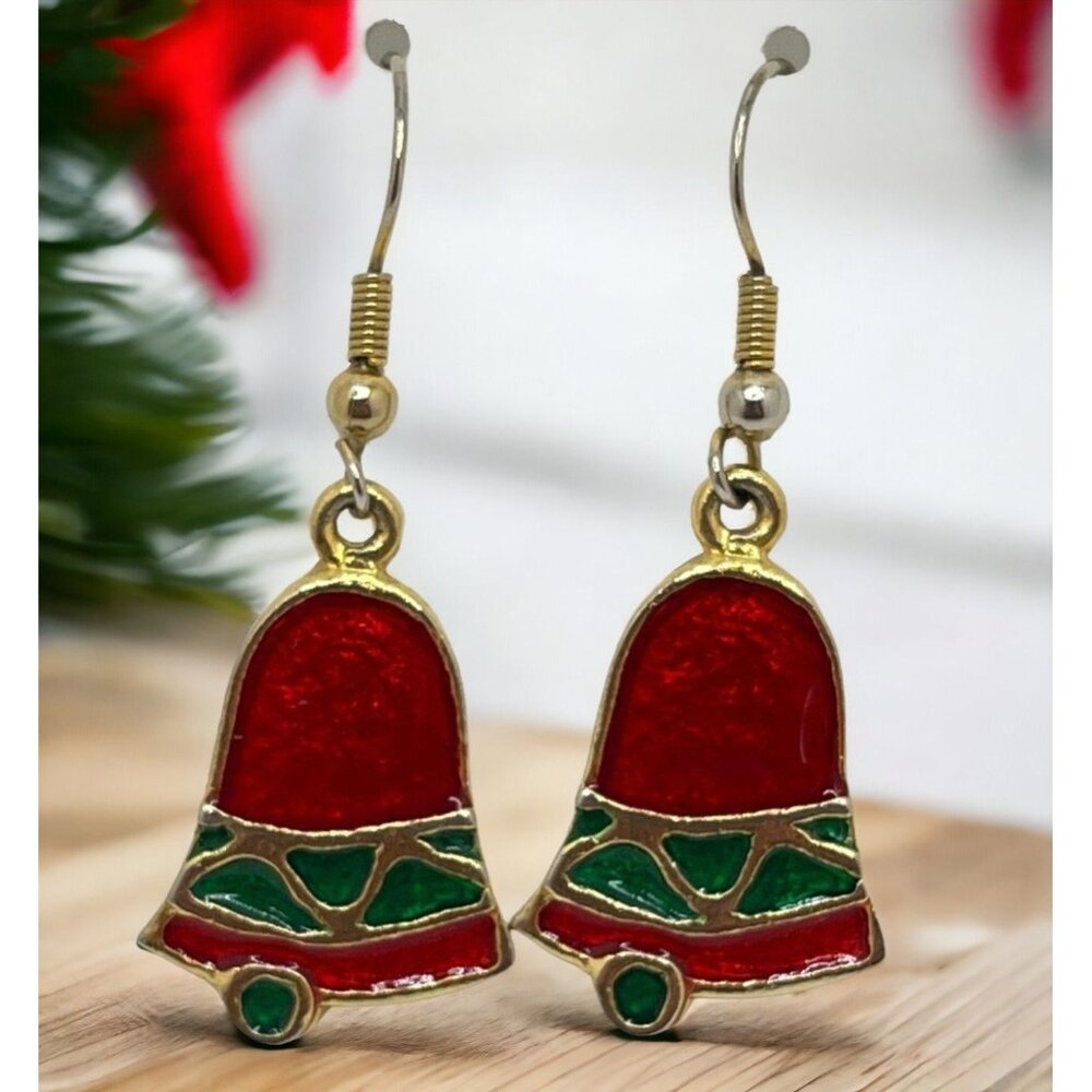 Christmas Bell Dangle Earrings Vintage Red Green Enamel Gold Tone Accents